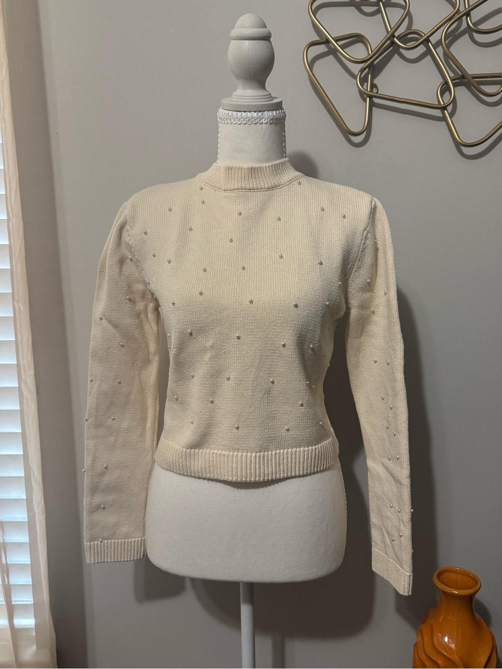 Zara Cream Pearl-Embellished Crewneck Sweater